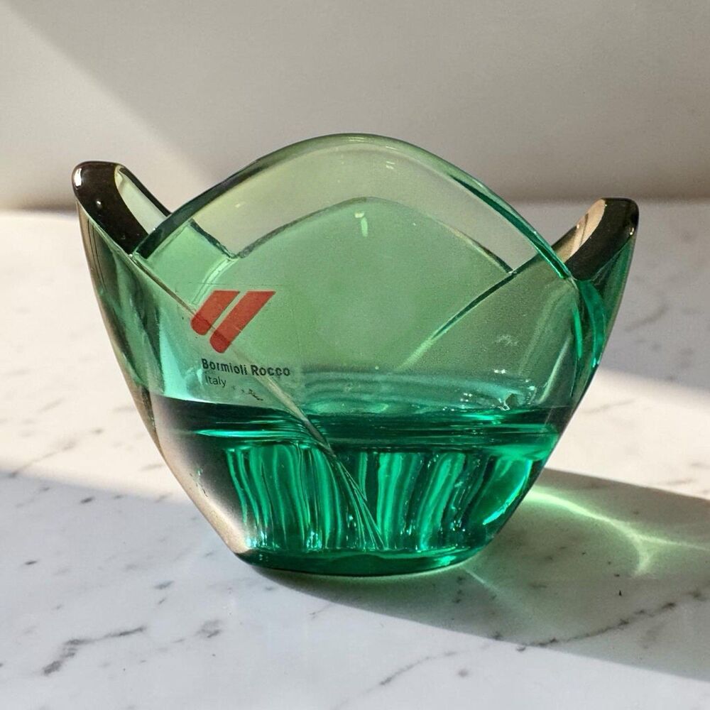 Bormioli Rocco Green Glass Candleholder Tip Shaped 3.5x2.25” Vintage